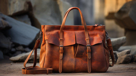 Brown leather bag on wooden floor with copy space for your text.の素材