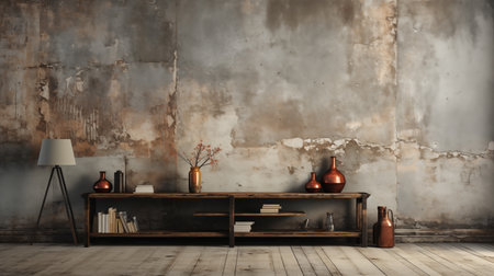Vintage wooden cabinet with books and lamp on grunge wall backgroundの素材