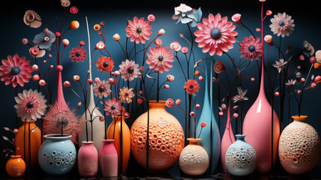 Colorful ceramic vases with flowers on dark background. 3d renderingの素材