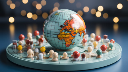 Globe and chess pieces on a table. 3d illustration.の素材