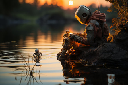 A man in a gas mask sits on a rock and watches the sunset.の素材