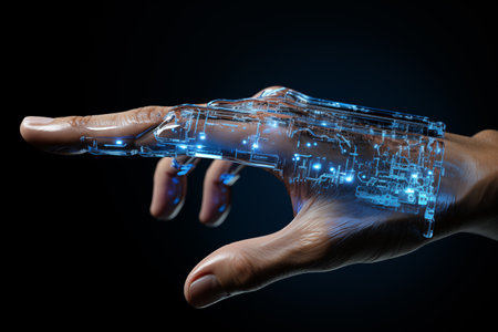 Close up of human hand touching circuit board on dark background. 3D renderingの素材