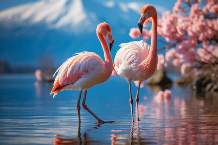 Two flamingos in Lake Kawaguchiko, Yamanashi, Japanの素材