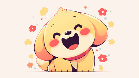 Cute yellow dog with flowers. Vector illustration in cartoon style.の素材