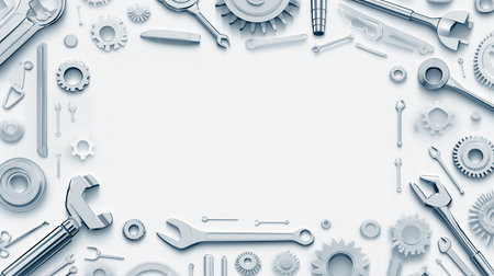 Top view of tools on white background with copy space, flat layの素材