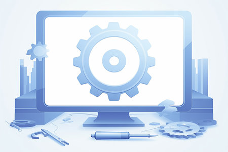Computer with gear wheel on the screen. Blue background. Vector illustration.の素材