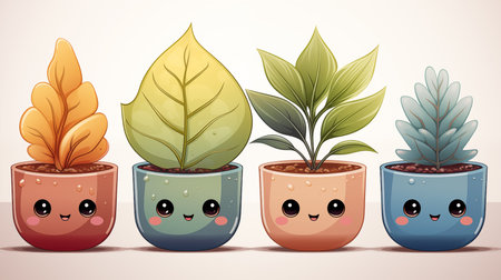 Illustration of a set of cute cartoon plants in pots on a white backgroundの素材