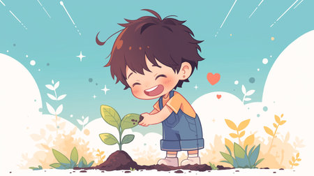 Cute little boy planting a tree in the garden. Vector illustration.の素材