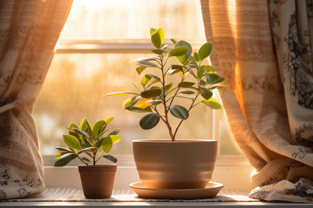 Houseplant in a ceramic pot on the windowsill at sunset.の素材