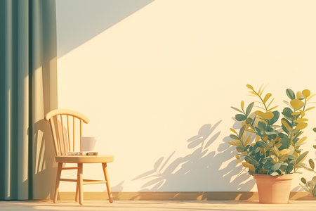 Interior of a living room with a white wall, a wooden chair and a plant. 3d rendering mock upの素材