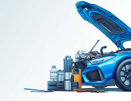 Under the hood of a blue sports car with tools. 3d renderingの素材