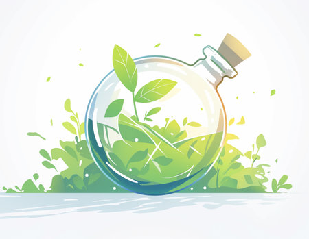 Ecology concept with green plants in a glass bottle. Vector illustration.の素材