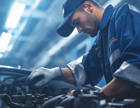 auto mechanic working in auto repair service. car service and maintenance conceptの素材