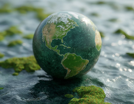 Earth globe on the surface of the water. 3D illustration.の素材