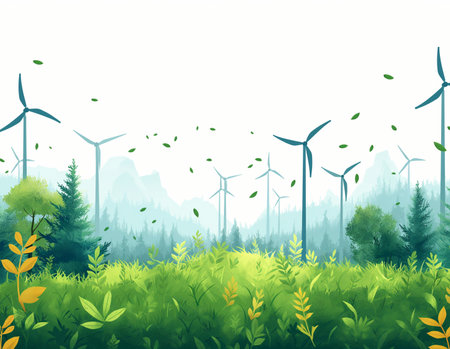 Green forest with wind turbines. Ecological concept. Vector illustration.の素材