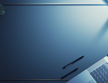 Laptop and pen on a blue background. 3d rendering.の素材