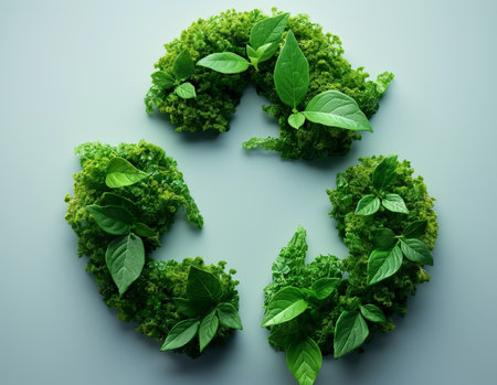 Ecology concept. Green leaves in the shape of a recycling symbolの素材