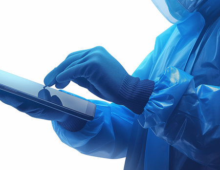 Man in a protective suit and gloves uses a tablet computer. Isolated on white background.の素材