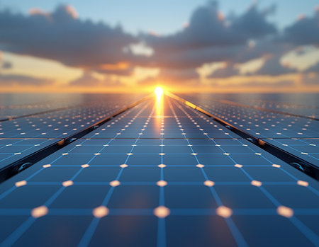 solar energy panel at sunset, 3d render concept for alternative energyの素材