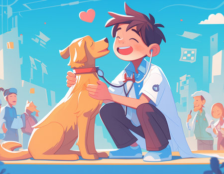 Veterinarian examining a dog in the street, cartoon vector illustrationの素材