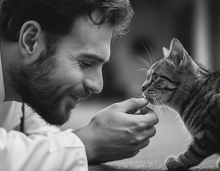 Young bearded man feeding a cat. Black and white image. Selective focus.の素材