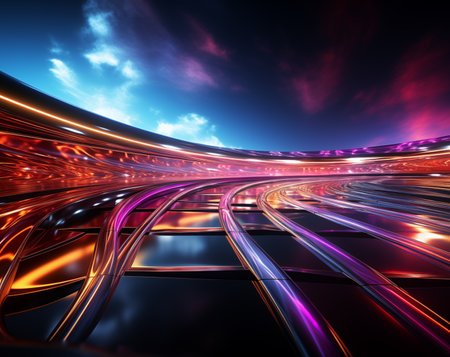 abstract 3d illustration of fast moving cars on a road at nightの素材