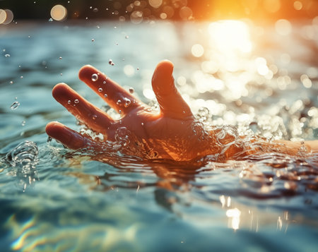 Hands in water with sun rays and bokeh background.の素材