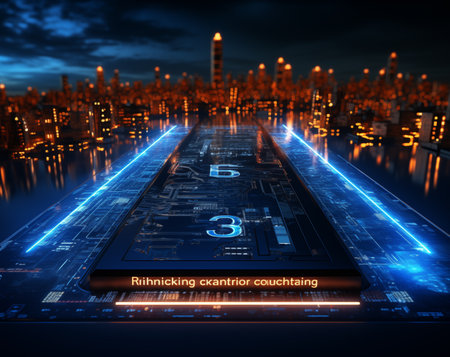 Futuristic hologram with binary code on the background of the city at nightの素材