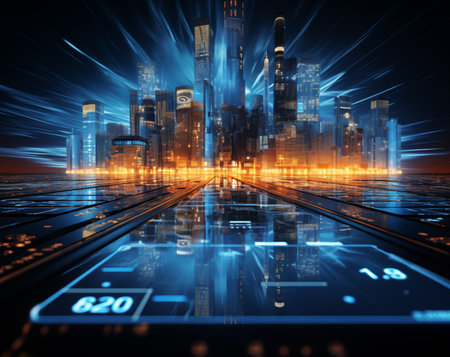 Futuristic city with high tech digital interface. 3d renderingの素材