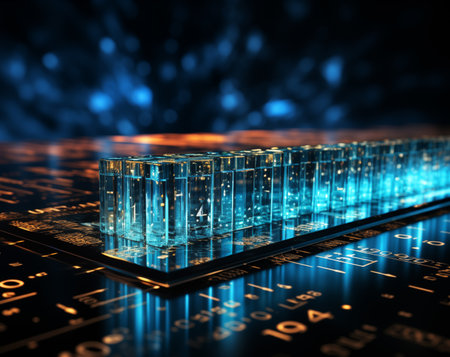 3d illustration of glass cube on a black background with binary codeの素材