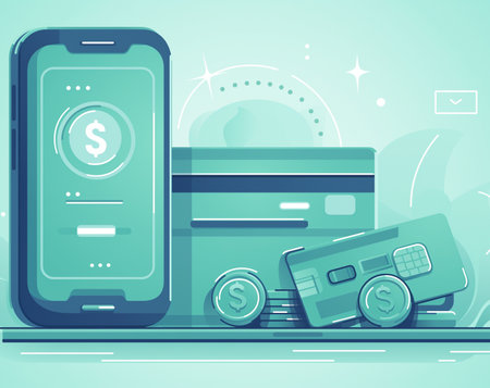 Mobile payment. Credit card and mobile phone. Vector illustration in flat styleの素材