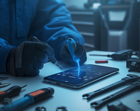 Close up of a technician repairing a smartphone with a screwdriver.の素材