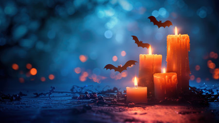 Halloween background with burning candles and bats. Halloween holiday concept.の素材