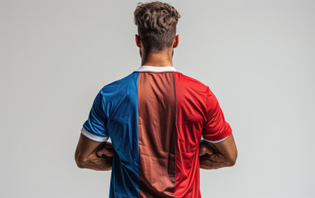 back view of soccer player in red and blue jersey on grey backgroundの素材