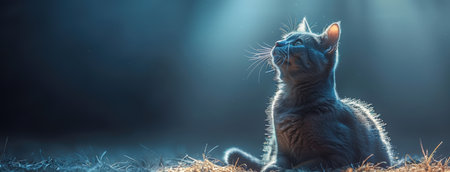 Beautiful cat sitting on the grass in the rays of light.の素材