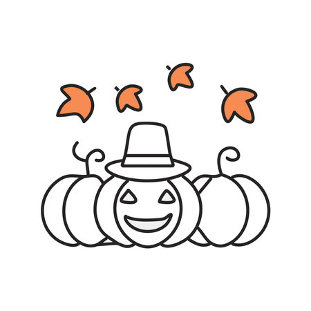 Cute smiling pumpkins of various shapes and sizes, wearing hats, scarves, or glasses, surrounded by colorful autumn leaves falling from the trees.のイラスト素材