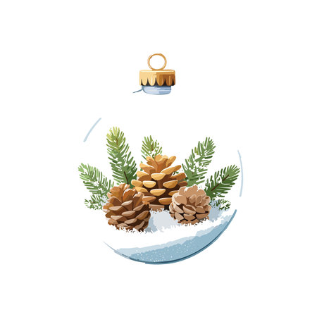 Christmas greeting card with fir branches, pine cones and snow globe. Vector illustration.のイラスト素材
