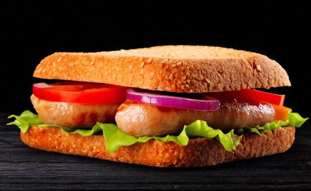 sandwich with sausage and vegetables on black wooden table, closeupの素材