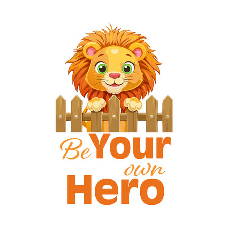 Cute cartoon lion with wooden fence. Be your hero. Vector illustrationのイラスト素材