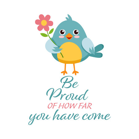 Cute blue bird holding a flower and saying be kind to you, vector illustrationのイラスト素材