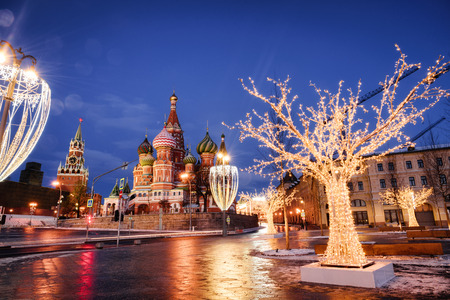 Cathedral of Vasily the Blessed and Spasskaya Tower. Winter Moscow before Christmas and New Year. Kremlin, Moscow, Russia. January 9, 2018の写真素材