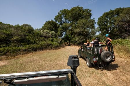Sithonia, Chalkidiki, Greece - June 27, 2014: Offroad car Land Rover Defender 110 outdoorsのeditorial素材