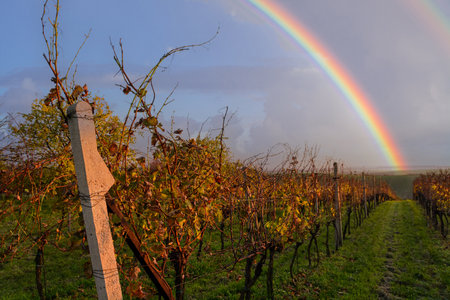 Vineyard in autumn with a rainbow background. Slope near the town of Kyjov in South Moravia, Czech Republicの写真素材