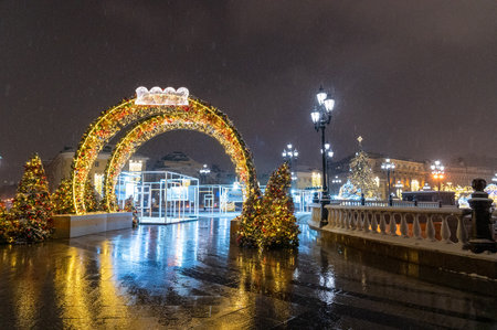 Moscow, Russia - December 27, 2022: Cold and deserted Moscow street on a snowy winter eveningのeditorial素材