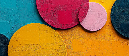 This image shows colorful overlapping circles painted on a textured background. The design appears abstract and modern.の素材
