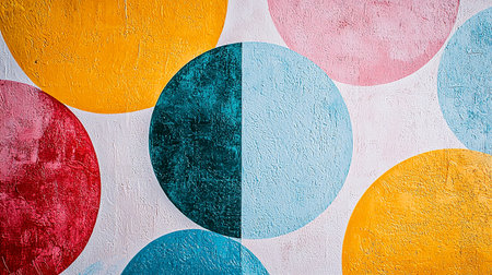 A colorful and modern abstract art piece featuring overlapping circles with various colors and a textured surface.の素材