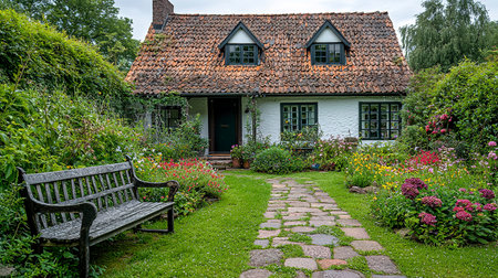 A quaint cottage is nestled in a lush garden with a stone pathway and a weathered wooden bench.の素材