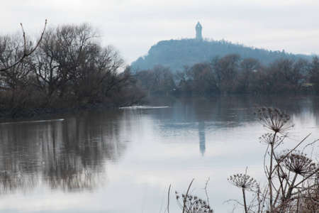 The Wallace Monument in Stirling reflecting in the river Forthの写真素材