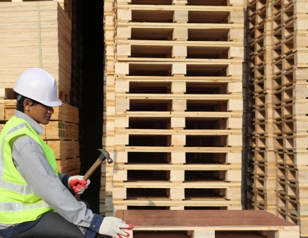 worker work with hammer and nail の写真素材