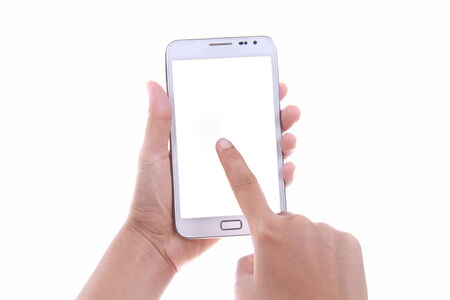 Female hand holding and touching blank screen of smart phone for connect to social media internet information or typing message isolated on white backgroundの写真素材